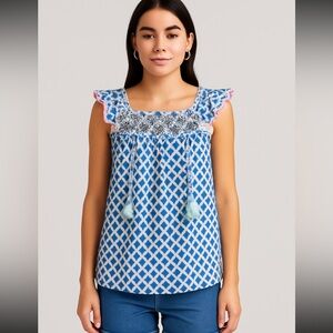 Matilda Jane Wandering Waters
Blue Woven Boho Tunic Top Womens EUC